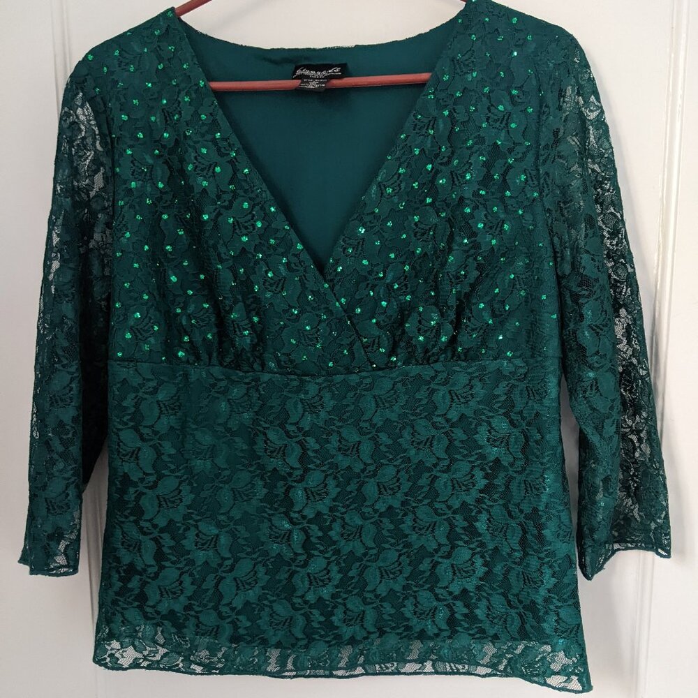 Womans Top L Teal Sheer Lace Overlay Rhinestones Romantic Party Wedding Evening